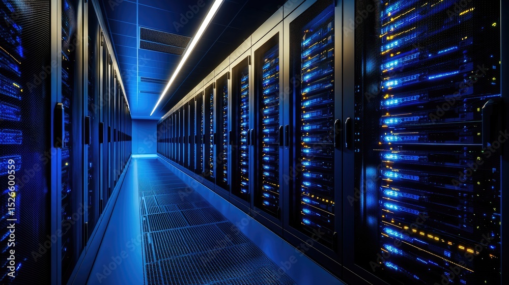 Aufkleber Modern data center hallway with rows of illuminated server racks and blue lighting, ideal for technology concepts, cloud computing, cybersecurity, and infrastructure visuals