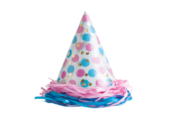 Festive party hat pink blue dots gold confetti celebration, On Transparent Background