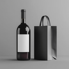 A realistic studio-style mockup of a dark glass wine bottle with a blank, matte white label, standing next to a minimal, luxury gift bag with black handles. . High quality photo