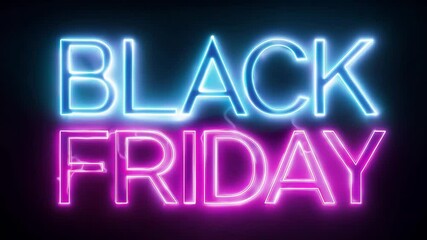 Glowing black friday text in neon blue and pink over dark background, styled with electric light effect and promotional vibe. 4K video - Powered by Adobe