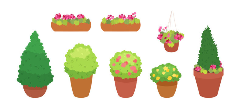 Street plant pots isolated set. Planter for porch, balcony, window. Urban design element. Cute flowerpots flat cartoon graphics. Green bush tree decorative houseplant. Summer city floral decoration.