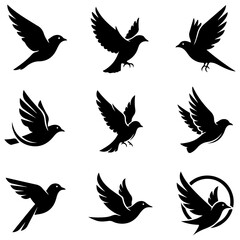 Set of elegant birds rendered in a delicate and fine filigree line art style