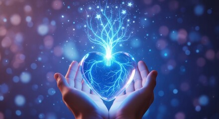 Naklejka premium Hands holding a glowing heart with a star tree, symbolizing love, growth, and connection