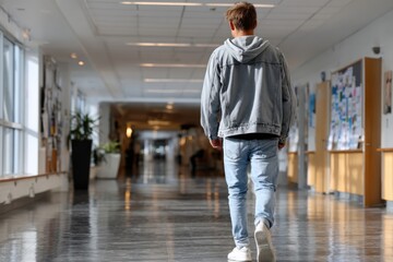 Fototapeta premium A solitary figure walks down a bright, spacious hallway, reflecting a journey of exploration and personal growth in an educational or creative environment.