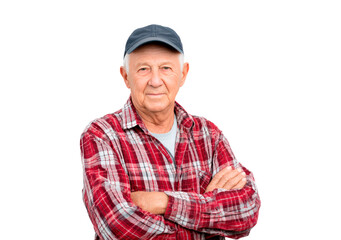 Confident senior man in plaid shirt on black background
