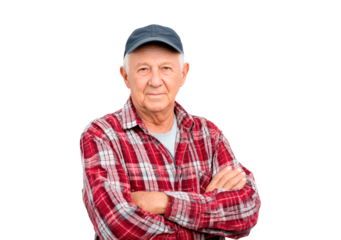 Confident senior man in plaid shirt on black background