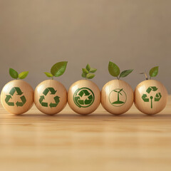 A high-quality, ultra-detailed image of five smooth wooden spheres placed in a row on a light wooden surface with a soft, neutral background. High quality photo