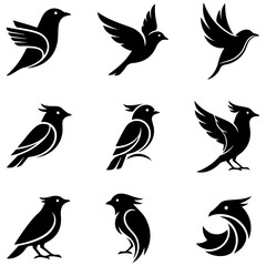 Set of elegant Art Deco-inspired bird designs, a well editable vintage collection