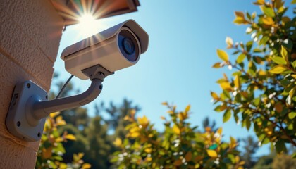 capture a smart surveillance camera at the bottom of the frame, under the midday sun, realism style with clear blue sky above for copy space.