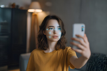 Fototapeta na wymiar Woman using facial recognition on smartphone at home