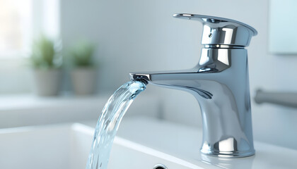 Running water from a chrome faucet. Represents cleanliness, hydration, water conservation, or plumbing. Fresh, clear, and essential for daily life.
