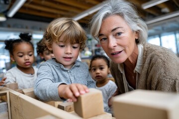 A joyful grandmother encourages children’s play with wooden blocks, showcasing the importance of imaginative activities and intergenerational bonding in a learning environment.