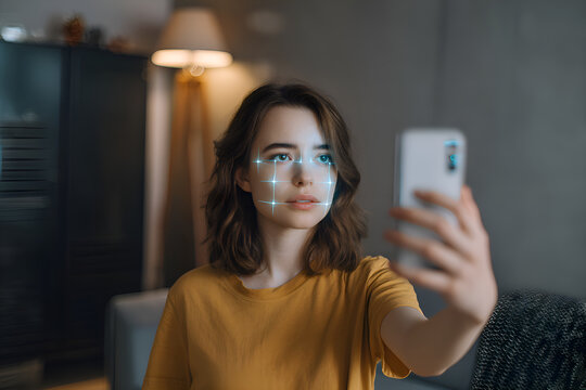 Woman using facial recognition on smartphone at home