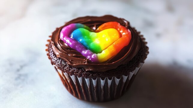Delicious Chocolate Cupcake Adorned with Rainbow Hearts for a Joyful Valentine's Celebration