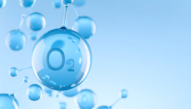 Oxygen molecule surrounded by water droplets in blue liquid background representing oxygenation