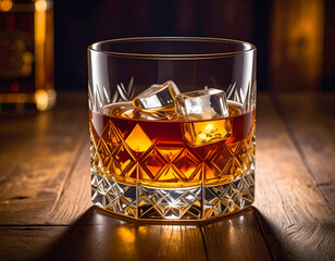 Classic Whiskey Glass with Ice Cubes – Premium Aged Whiskey on Wooden Table