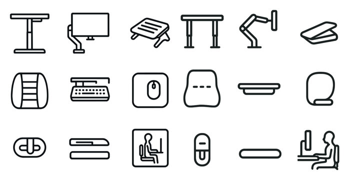 Ergonomic office furniture and accessories icon set for modern workspace design