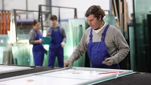Man employee works on cutting table, measuring source material with tape measure. She finds out length of workpiece and carries out intermediate control of dimensions of product.