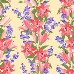 Seamless vector illustration with delicate lilies and lavender. For decorating textiles, packaging.