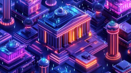 Neon Lit Futuristic Architectural Structures and Grid Network