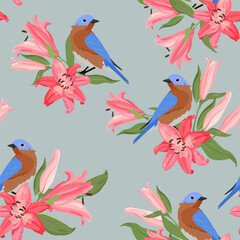 Seamless vector illustration with delicate lilies and birds. For textile decoration, packaging.