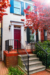 Classic Brick Townhouse Entrance in Central Washington DC. Elegant stairs and iron fence detail.
