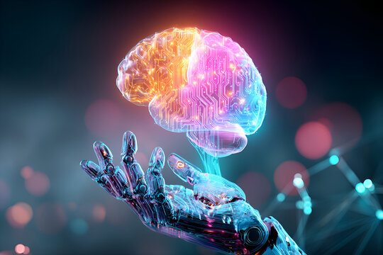 Robotic hand holding glowing digital brain representing artificial intelligence - Powered by Adobe