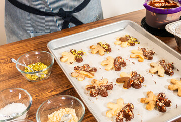 Snowflake-Shaped Sugar Cookies, Chocolate-Dipped, Pecan Crushed Nuts, Holiday Baking
