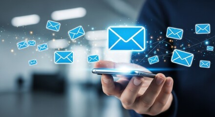 Businessman holding smartphone with glowing email icons symbolizing digital communication