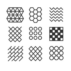 Geometric Pattern Icons. Outline icon set of geometric printed patterns: triangle grid, hexagon tile, chevron zigzag, diamond