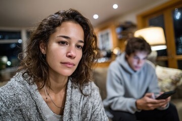 In a cozy living room, a contemplative woman sits quietly, reflecting on her life, while a young man engrossed in his phone signifies the generational divide.