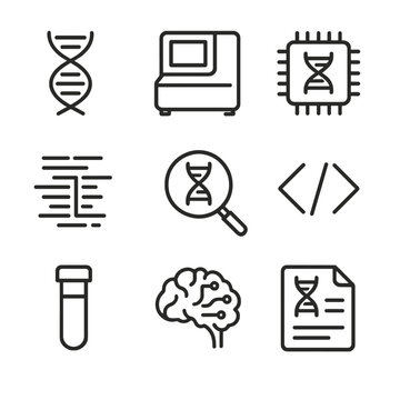 Genomic Diagnostics Icons. Outline icon set of genomic sequencing diagnostics: DNA helix, sequencing machine, gene chip, data