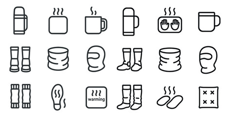 Winter warming essentials: thermos, heated mug, and cozy gloves icons