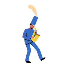 Cartoon marching band parade.  musicians on march, people playing music instruments illustration. Entertainment parade, performer drum and music band