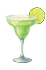 Elegant watercolor Margarita cocktail vector illustration with salted rim and lime wedge. Vector isolated on white background. Ideal for bar menus, drink ads, summer parties, and beverage design.
