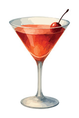 Elegant watercolor vector illustration of a Manhattan cocktail in a classic martini glass with cherry. Isolated on white background. Ideal for bar menus, mixology projects, and vintage drink designs.