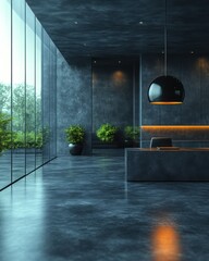 Modern office lobby with concrete walls, glass windows, and dark furniture