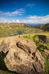 Caldera of Rano Kau volcano on Easter Island.