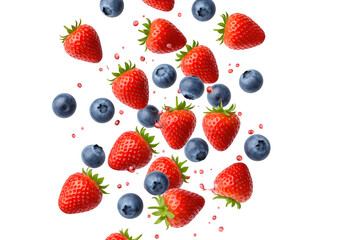 Strawberries and blueberries falling isolated on white or transparent background. PNG
