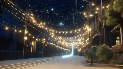 Snowy night street with warm lights and starry sky.  A paved road stretches into the distance, adorned with string lights and snow. Buildings line the sides.  Small trees stand beside the buildings,  - Powered by Adobe