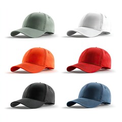 Six baseball caps in various colors
