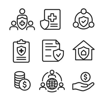 Health Insurance Icon Set. Outline icon set of health insurance types: HMO, PPO, EPO, Medicaid, Medicare, insurance policy,
