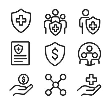 Health Insurance Icon Set. Outline icon set of health insurance types: HMO, PPO, EPO, Medicaid, Medicare, insurance policy,