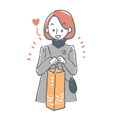 酒瓶入りのおみやげ袋を持ってうれしそうな女性のイラスト