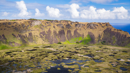 Caldera of Rano Kau volcano on Easter Island.