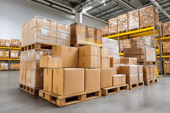 Neatly stacked cardboard boxes in a modern warehouse, showcasing efficient storage and organization.