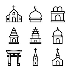 Obraz premium Houses of Worship Icons. Outline icon set of houses of worship: church facade, mosque dome, synagogue Ark, Hindu temple shikhara,