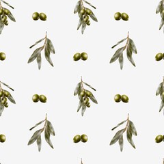 Olive branch and fruit watercolor pattern for fabric and wrapping design