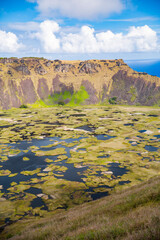 Caldera of Rano Kau volcano on Easter Island.