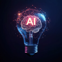 A high-quality, ultra-detailed concept image of a traditional light bulb standing upright on a dark gradient background. High quality photo